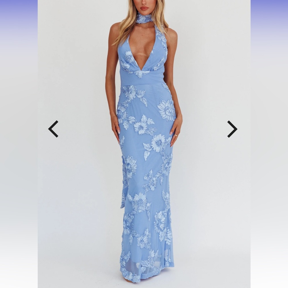 Selfie Leslie 
Cipriana Backless Halter Maxi Dress Embellished Blue
Paid $115